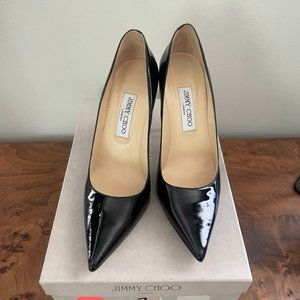 Jimmy Choo Abel Patent Label Pumps in Black Stiletto Heels